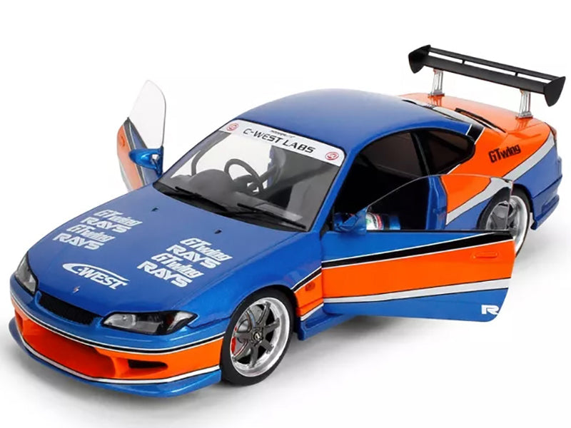 2002 Nissan Silvia (S15) RHD (Right Hand Drive) Blue Metallic with Orange Graphics "The Fast and the Furious: Tokyo Drift" (2006) Movie "25 Years of Fast & Furious" Series 1/18 Diecast Model Car by Jada