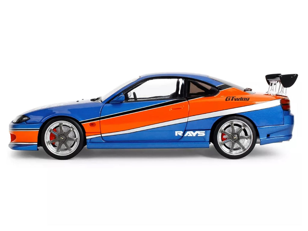 2002 Nissan Silvia (S15) RHD (Right Hand Drive) Blue Metallic with Orange Graphics "The Fast and the Furious: Tokyo Drift" (2006) Movie "25 Years of Fast & Furious" Series 1/18 Diecast Model Car by Jada