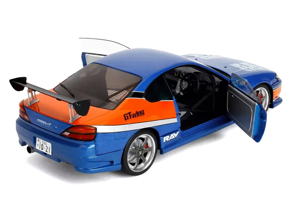 2002 Nissan Silvia (S15) RHD (Right Hand Drive) Blue Metallic with Orange Graphics "The Fast and the Furious: Tokyo Drift" (2006) Movie "25 Years of Fast & Furious" Series 1/18 Diecast Model Car by Jada