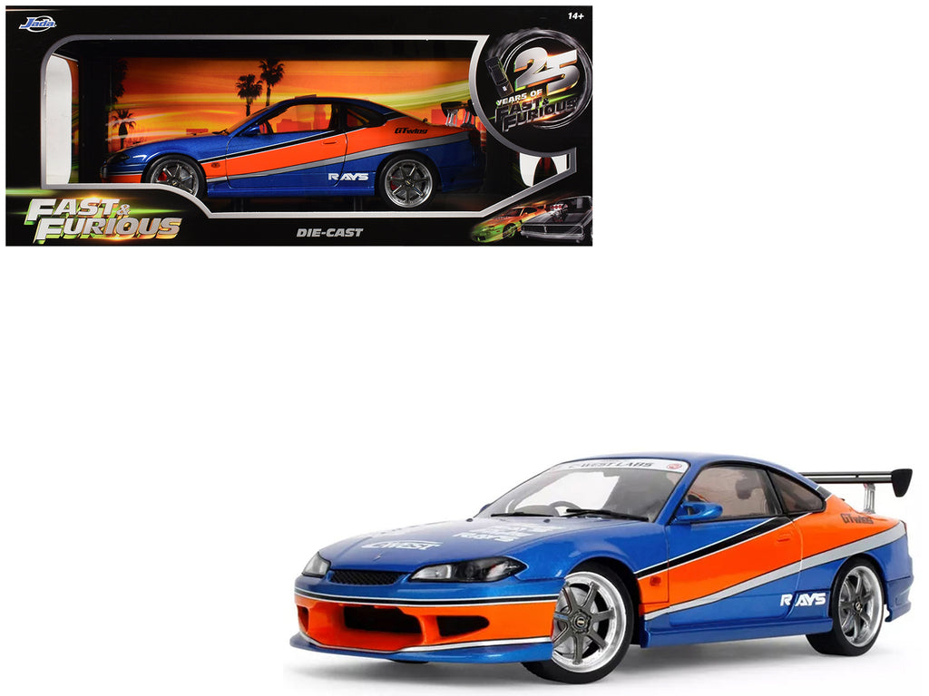 2002 Nissan Silvia (S15) RHD (Right Hand Drive) Blue Metallic with Orange Graphics "The Fast and the Furious: Tokyo Drift" (2006) Movie "25 Years of Fast & Furious" Series 1/18 Diecast Model Car by Jada