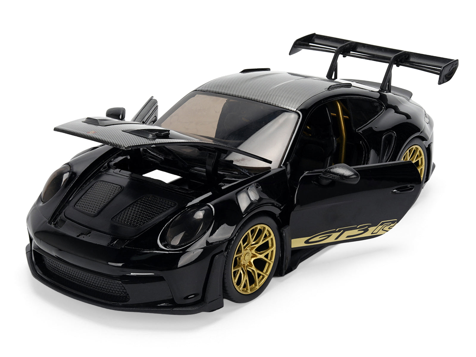 Porsche 911 (992) GT3 RS Black with Carbon Top and Hood Stripes and Gold Wheels "Hyper-Spec" 1/24 Diecast Model Car by Jada