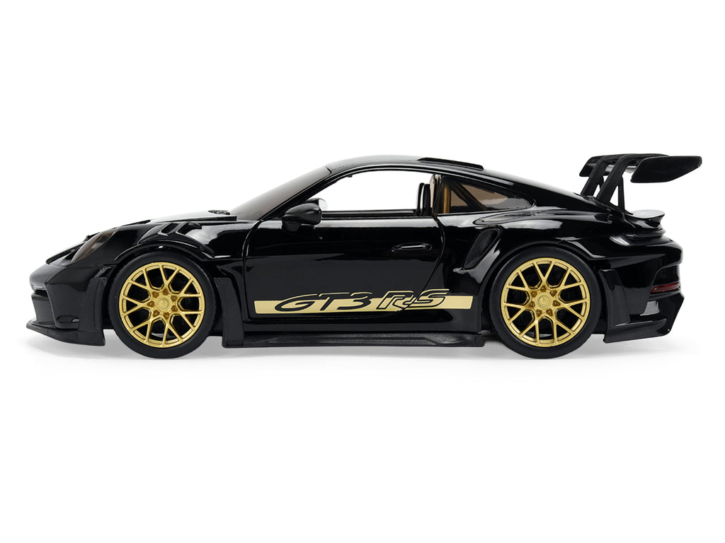 Porsche 911 (992) GT3 RS Black with Carbon Top and Hood Stripes and Gold Wheels "Hyper-Spec" 1/24 Diecast Model Car by Jada
