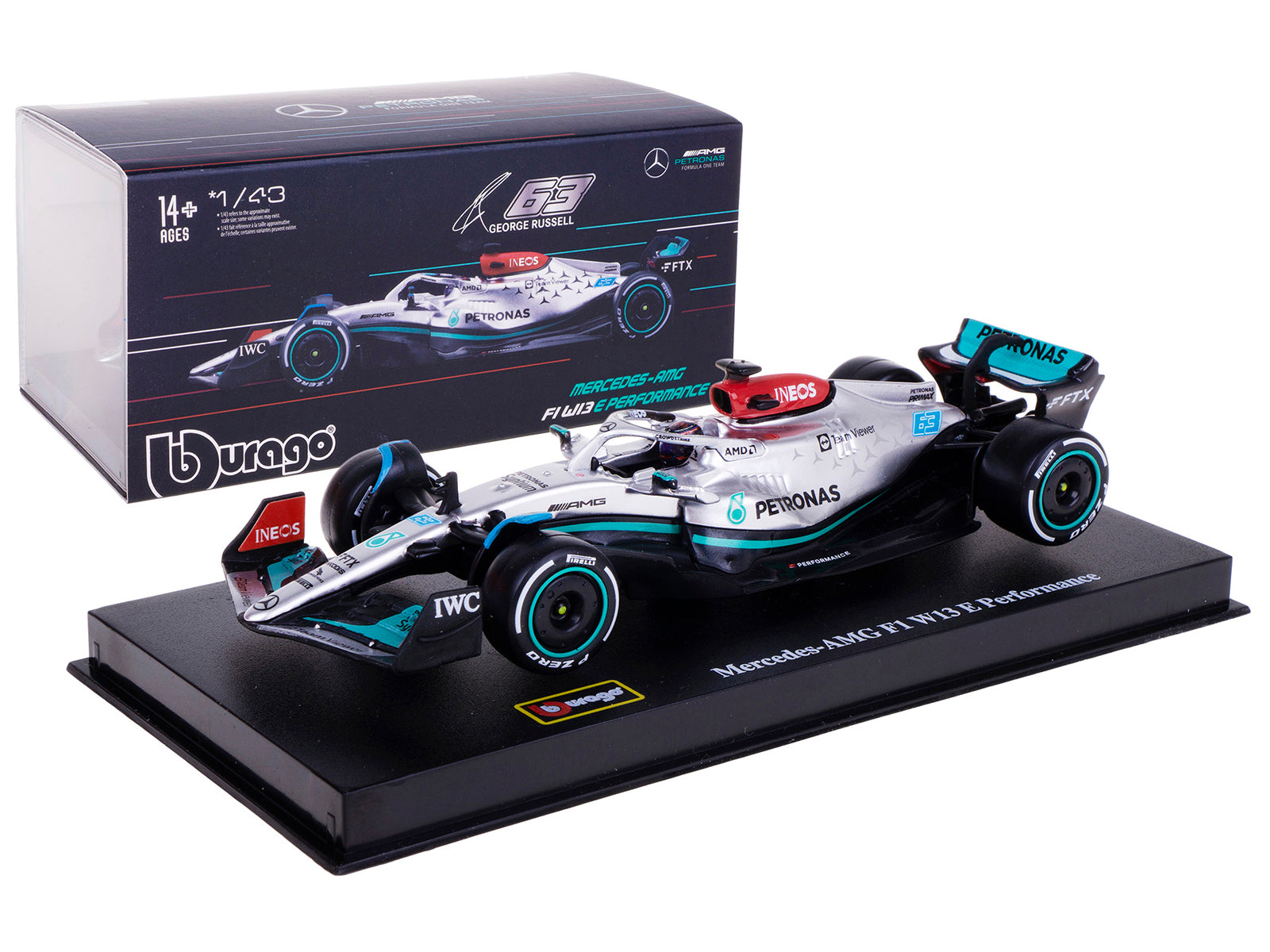 Mercedes-AMG F1 W13 E Performance #63 George Russell "F1 Formula One World Championship" (2022) with Display Case 1/43 Diecast Model Car by Bburago - image 5