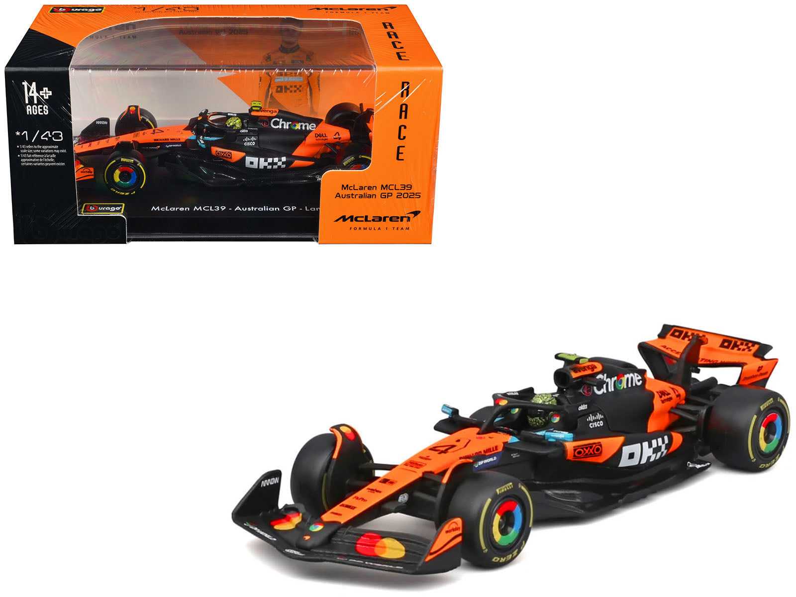 McLaren MCL39 #4 Lando Norris Winner Formula One F1 "Australian GP" (2025) with Display Case "Race" Series 1/43 Diecast Model Car by Bburago