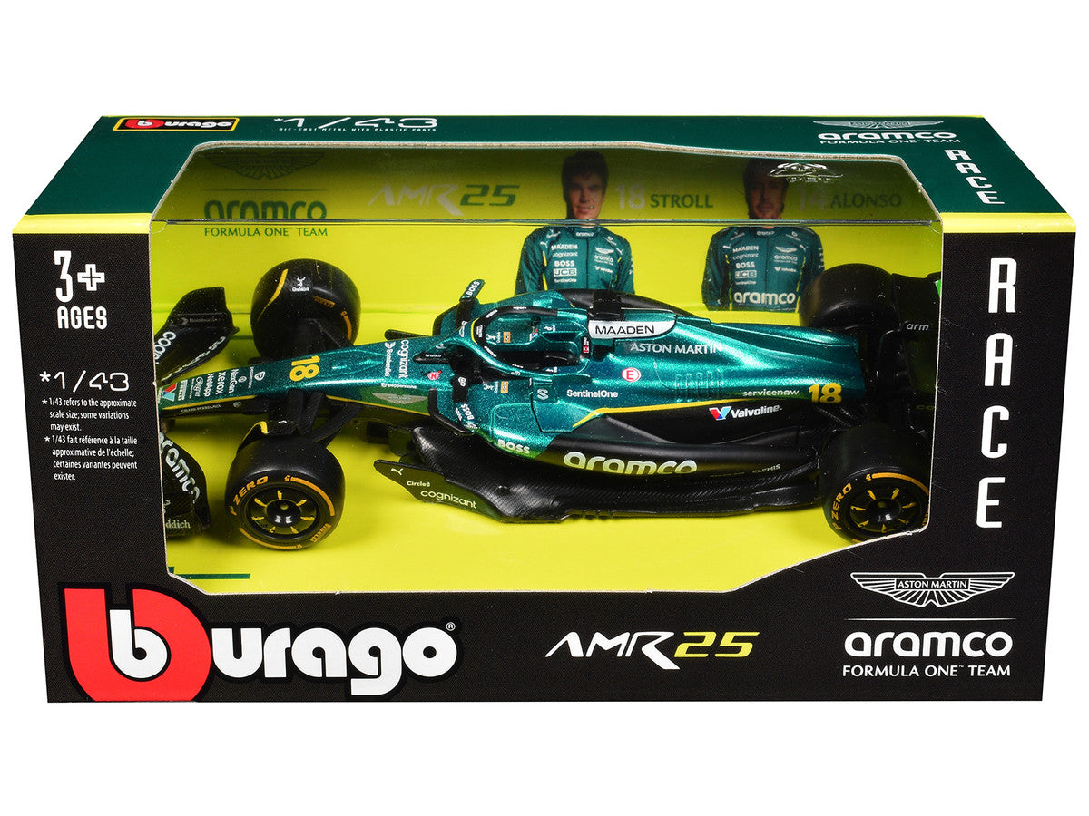 2025 Aston Martin AMR25 #18 Lance Stroll Aramco F1 1/43 Diecast Model Car by Bburago