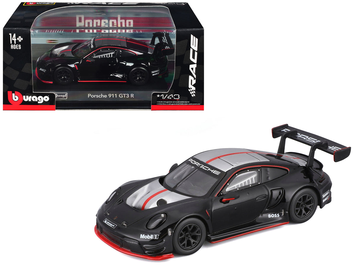 Porsche 911 GT3 R Black with Silver Top and Hood and Red Stripes "Race" Series 1/43 Diecast Model Car by Bburago