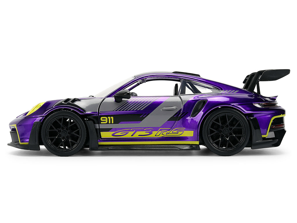 Porsche 911 GT3 RS (992) Candy Purple with Carbon Top and Hood Stripes and Graphics "AutoWorks" Series 1/24 Diecast Car Model