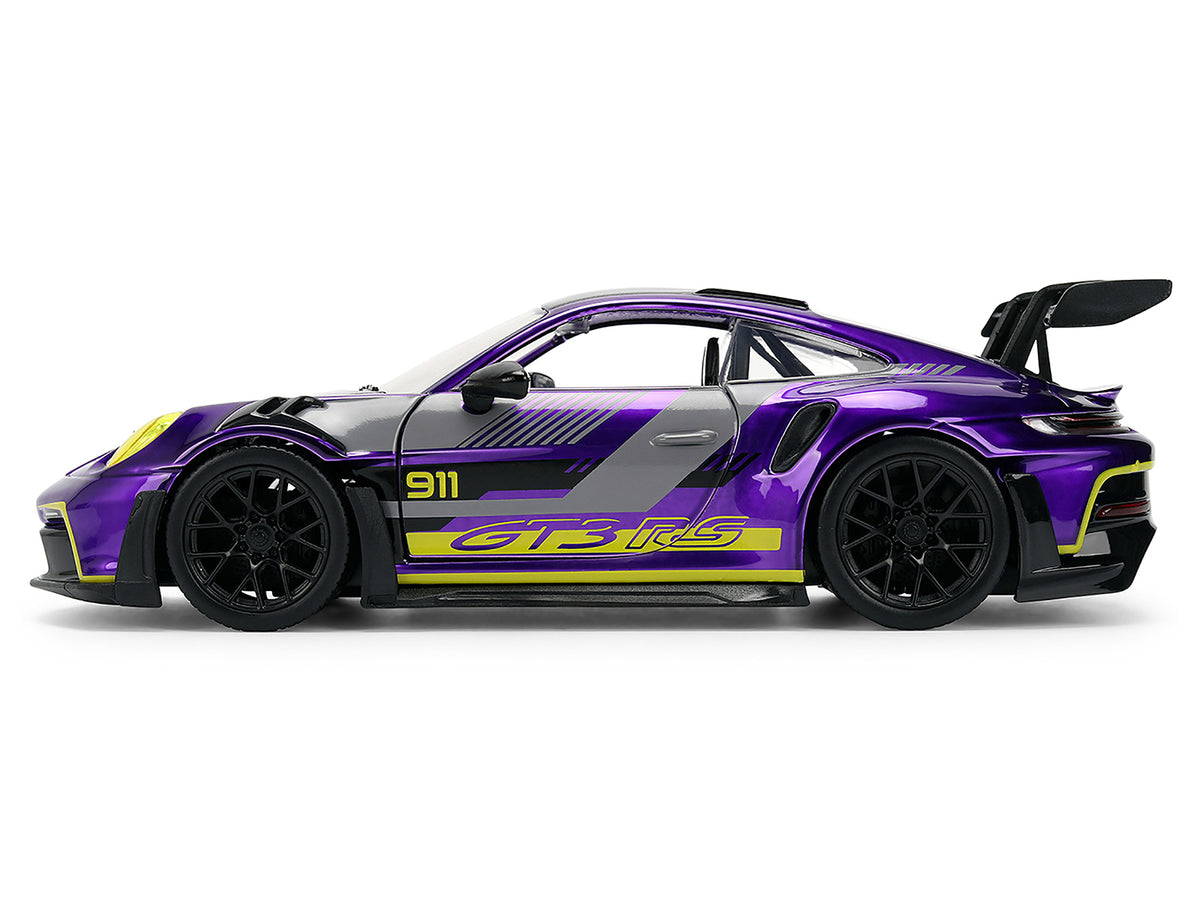 Porsche 911 GT3 RS (992) Candy Purple with Carbon Top and Hood Stripes and Graphics "AutoWorks" Series 1/24 Diecast Car Model