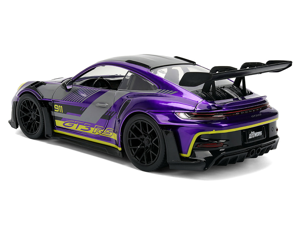 Porsche 911 GT3 RS (992) Candy Purple with Carbon Top and Hood Stripes and Graphics "AutoWorks" Series 1/24 Diecast Car Model