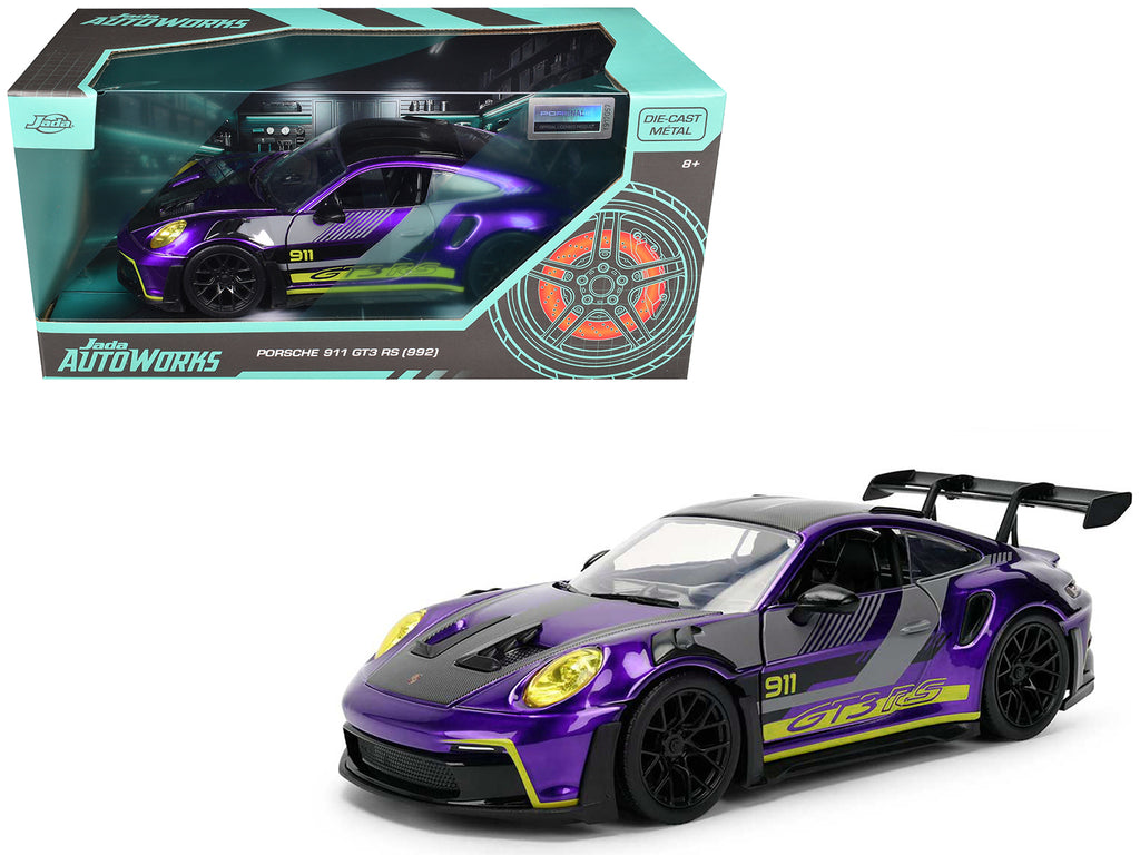Porsche 911 GT3 RS (992) Candy Purple with Carbon Top and Hood Stripes and Graphics "AutoWorks" Series 1/24 Diecast Car Model