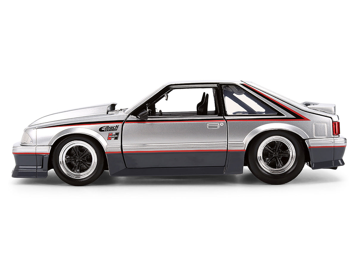 1989 Ford Mustang GT Silver Metallic and Gray with Black and Red Stripes "AutoWorks" Series 1/24 Diecast Car Model by Jada
