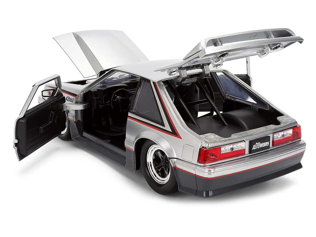 1989 Ford Mustang GT Silver Metallic and Gray with Black and Red Stripes "AutoWorks" Series 1/24 Diecast Car Model by Jada