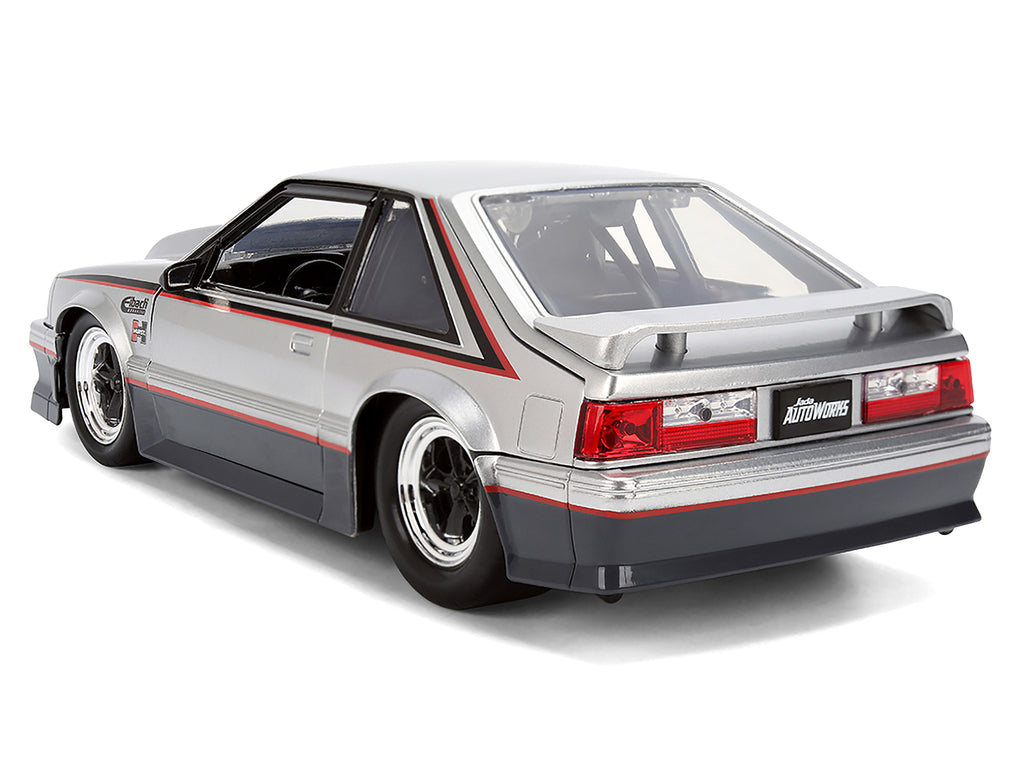 1989 Ford Mustang GT Silver Metallic and Gray with Black and Red Stripes "AutoWorks" Series 1/24 Diecast Car Model by Jada