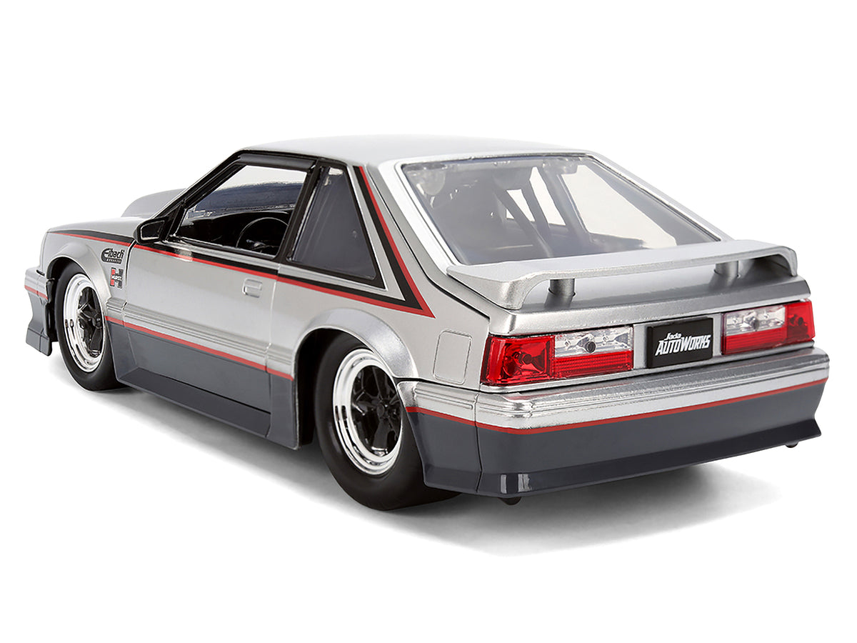 1989 Ford Mustang GT Silver Metallic and Gray with Black and Red Stripes "AutoWorks" Series 1/24 Diecast Car Model by Jada