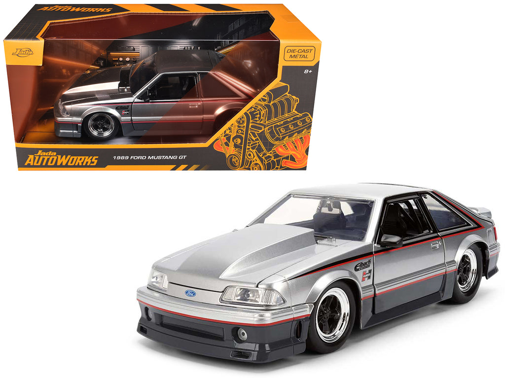 1989 Ford Mustang GT Silver Metallic and Gray with Black and Red Stripes "AutoWorks" Series 1/24 Diecast Car Model by Jada
