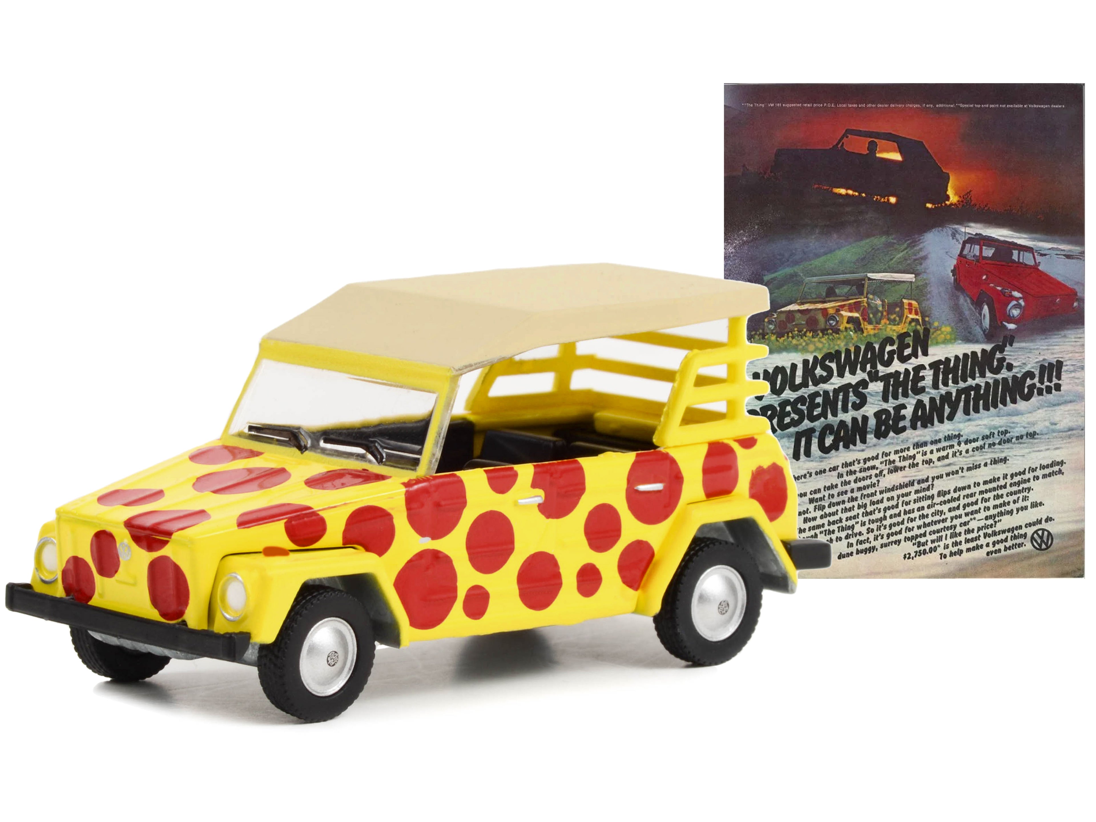 1974 Volkswagen Thing Type 181 Yellow with Red Polka Dots "Volkswagen Presents The Thing. It Can Be Anything!!!" "Vintage Ad Cars" Series 8 1/64 Diecast Model Car by Greenlight - image 2
