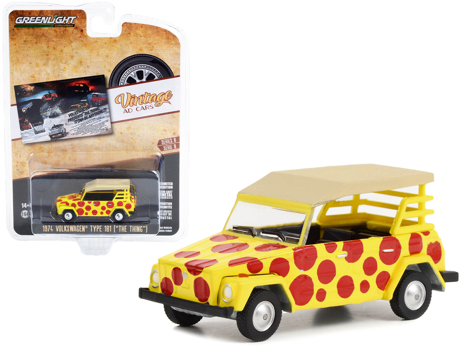 1974 Volkswagen Thing Type 181 Yellow with Red Polka Dots "Volkswagen Presents The Thing. It Can Be Anything!!!" "Vintage Ad Cars" Series 8 1/64 Diecast Model Car by Greenlight
