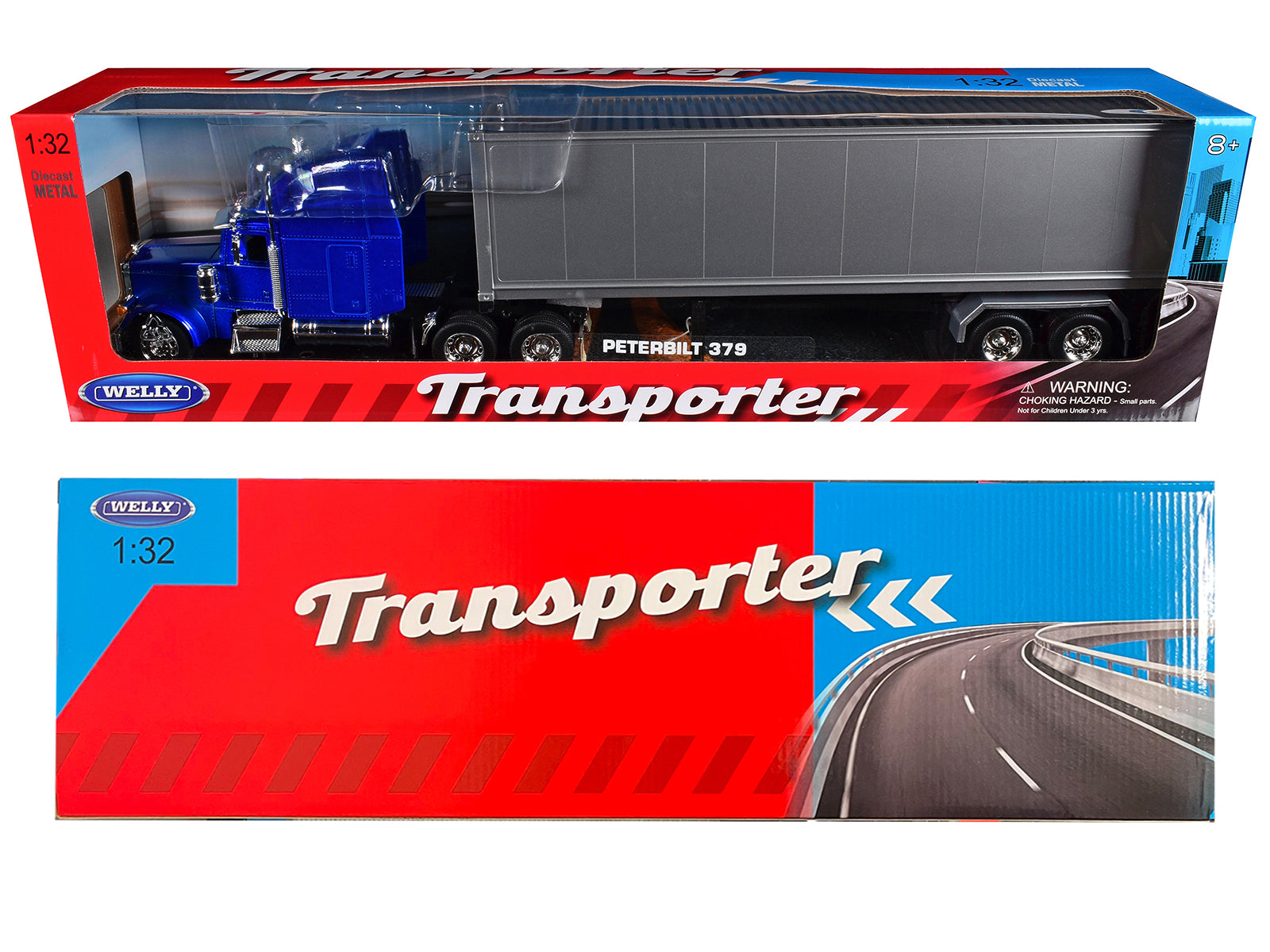 Peterbilt 379 Truck Blue Metallic with Silver Container "Transporter" Series 1/32 Diecast Model by Welly - image 3