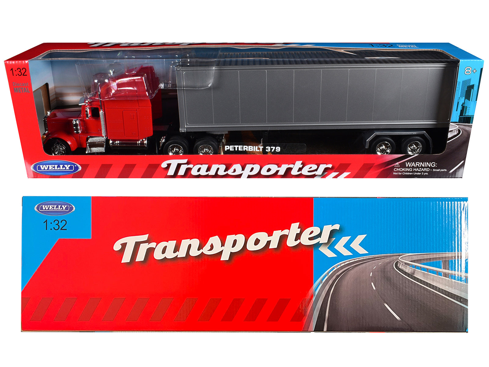 Peterbilt 379 Truck Red with Silver Container "Transporter" Series 1/32 Diecast Model by Welly - image 3