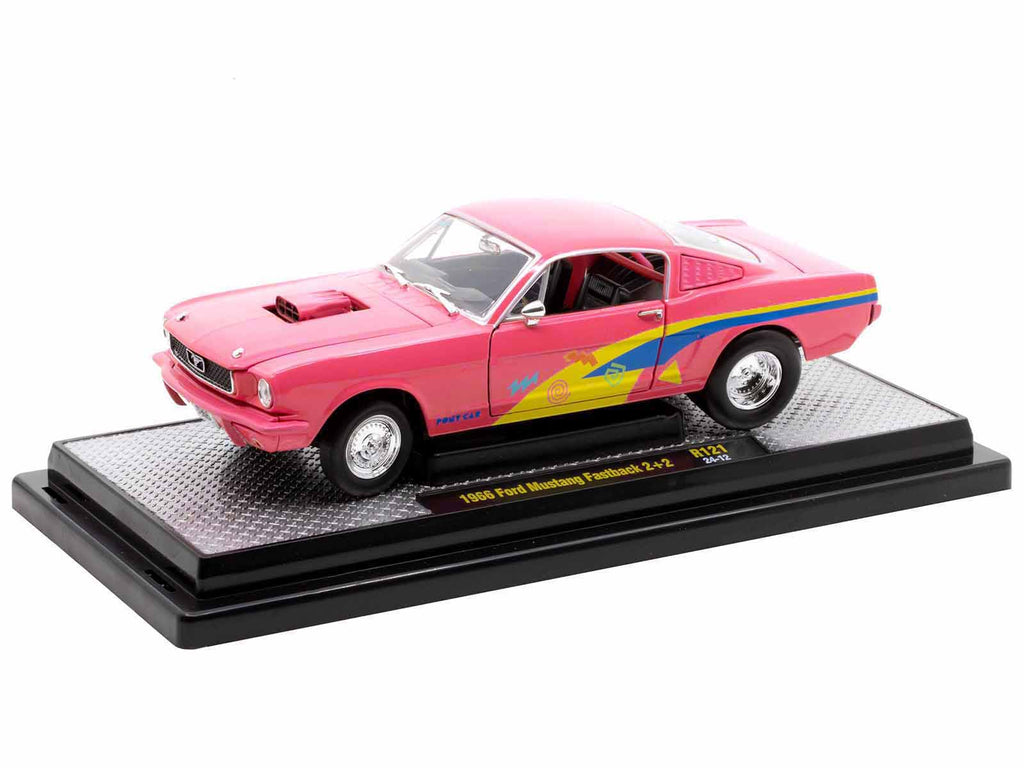 1966 Ford Mustang Fastback 2+2 Pink with Blue and Yellow Stripes "Pro Street" Limited Edition to 6250 pieces Worldwide 1/24 Diecast Model Car by M2 Machines - image 2