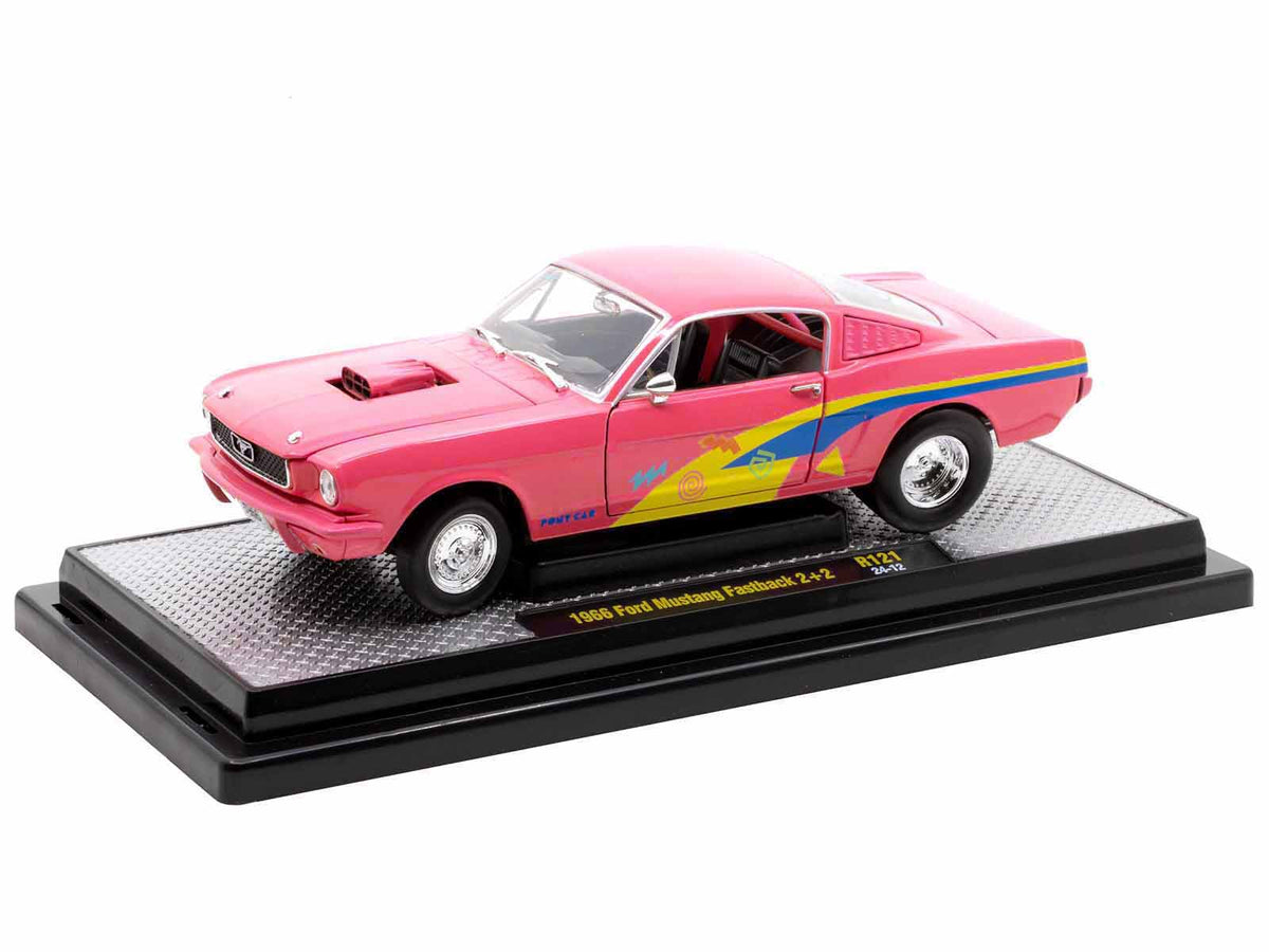 1966 Ford Mustang Fastback 2+2 Pink with Blue and Yellow Stripes "Pro Street" Limited Edition to 6250 pieces Worldwide 1/24 Diecast Model Car by M2 Machines - image 2