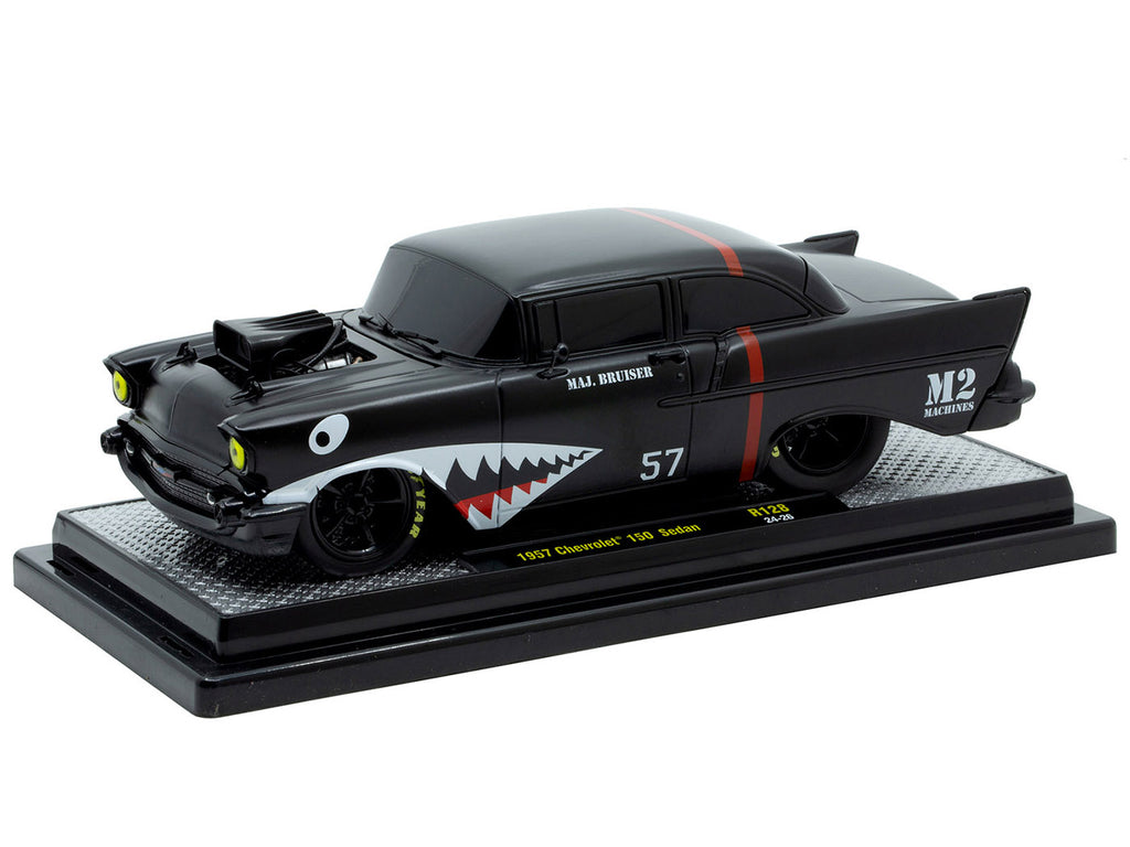 1957 Chevrolet 150 Sedan "Maj. Bruiser" Matt Black with Red Stripe and Shark Mouth Graphics Limited Edition to 6650 pieces Worldwide 1/24 Diecast Model Car by M2 Machines - image 2