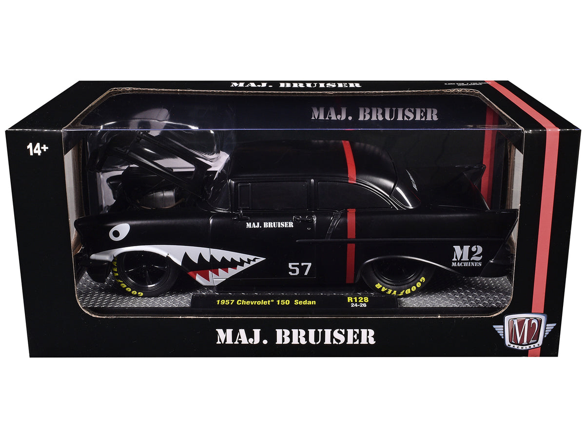 1957 Chevrolet 150 Sedan "Maj. Bruiser" Matt Black with Red Stripe and Shark Mouth Graphics Limited Edition to 6650 pieces Worldwide 1/24 Diecast Model Car by M2 Machines - image 3