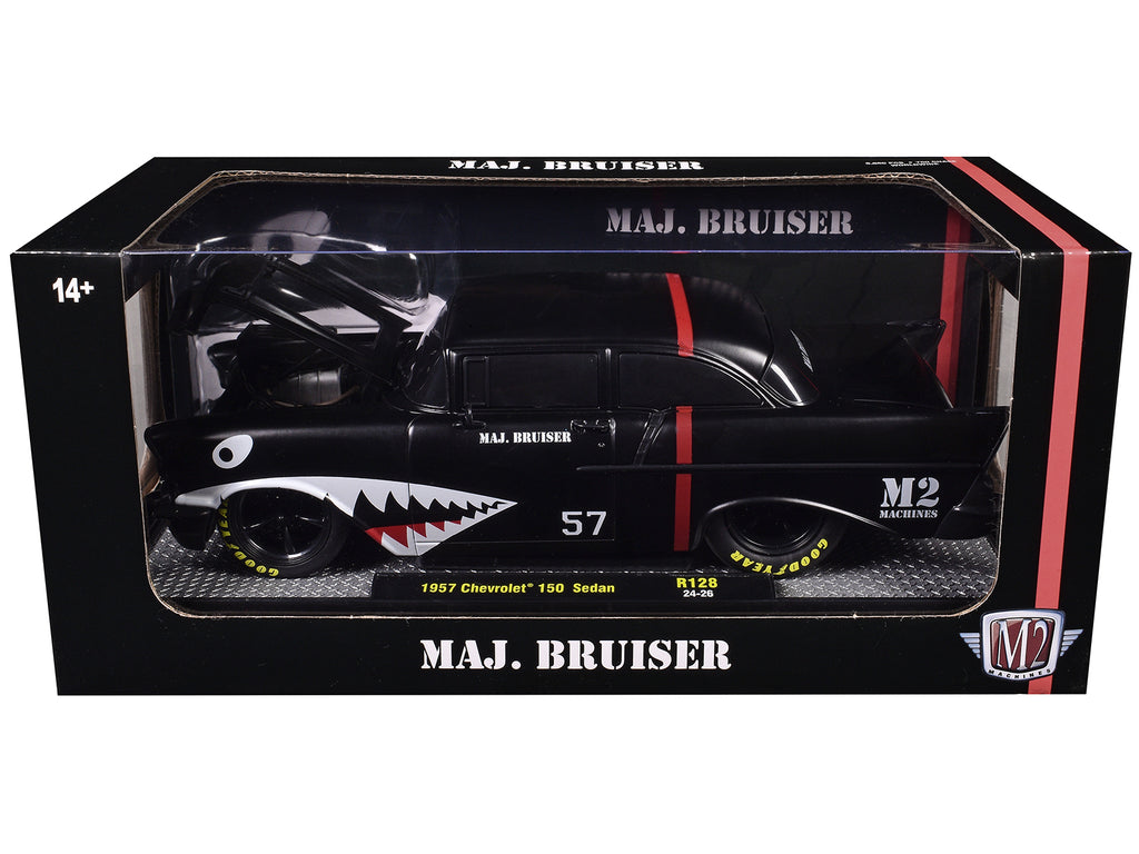1957 Chevrolet 150 Sedan "Maj. Bruiser" Matt Black with Red Stripe and Shark Mouth Graphics Limited Edition to 6650 pieces Worldwide 1/24 Diecast Model Car by M2 Machines - image 3