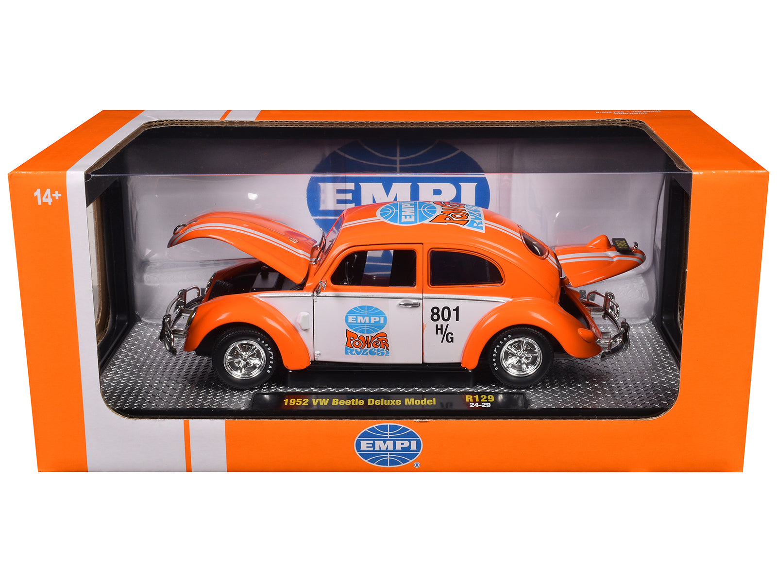 1952 Volkswagen Beetle Deluxe Model "EMPI Power Rules" Orange and White with Graphics Limited Edition to 6650 pieces Worldwide 1/24 Diecast Model Car by M2 Machines - image 3
