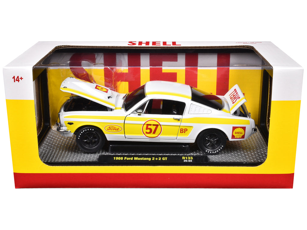 1966 Ford Mustang 2+2 GT #57 "Shell Oil" White with Yellow Stripes Limited Edition to 5650 pieces Worldwide 1/24 Diecast Model Car by M2 Machines - image 3