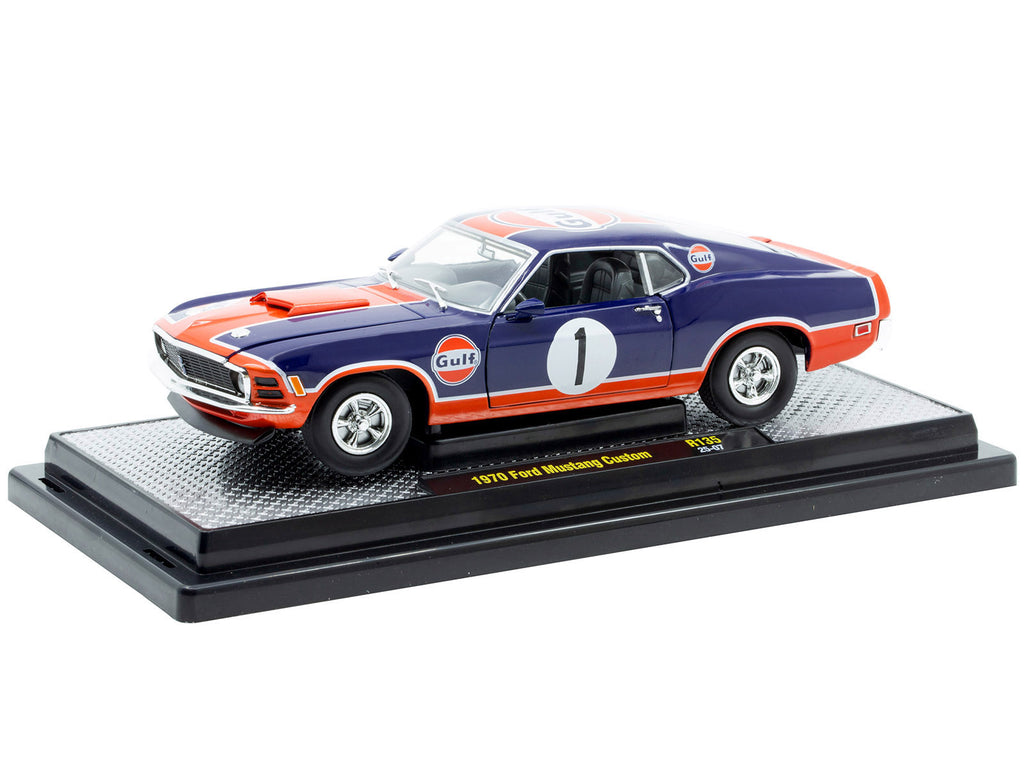 1970 Ford Mustang Custom #1 "Gulf Oil" Dark Blue with Orange Graphics Limited Edition to 7850 pieces Worldwide 1/24 Diecast Model Car by M2 Machines - image 2