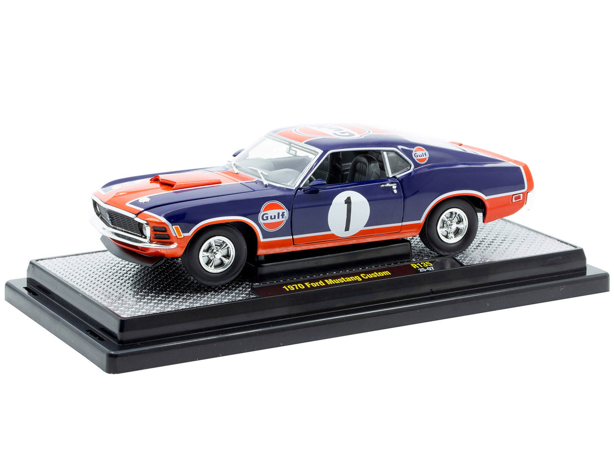1970 Ford Mustang Custom #1 "Gulf Oil" Dark Blue with Orange Graphics Limited Edition to 7850 pieces Worldwide 1/24 Diecast Model Car by M2 Machines - image 2