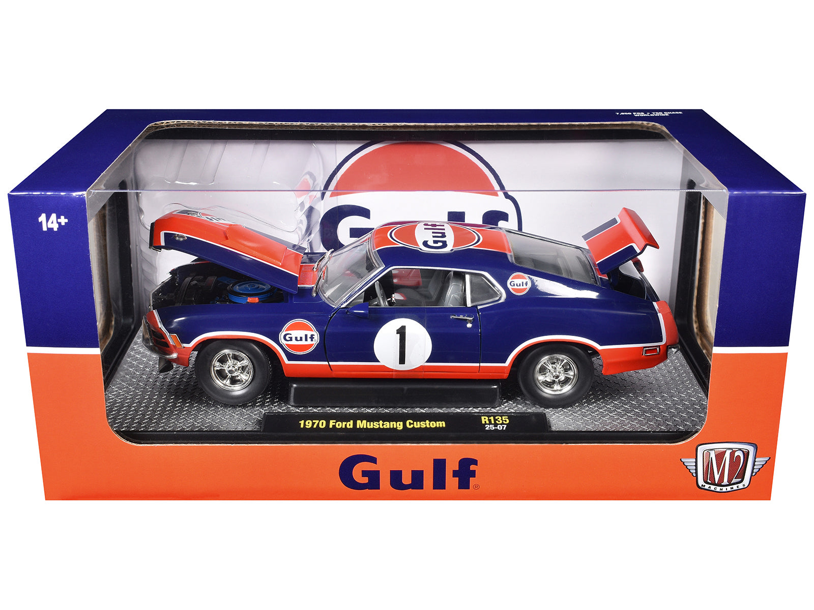 1970 Ford Mustang Custom #1 "Gulf Oil" Dark Blue with Orange Graphics Limited Edition to 7850 pieces Worldwide 1/24 Diecast Model Car by M2 Machines - image 3