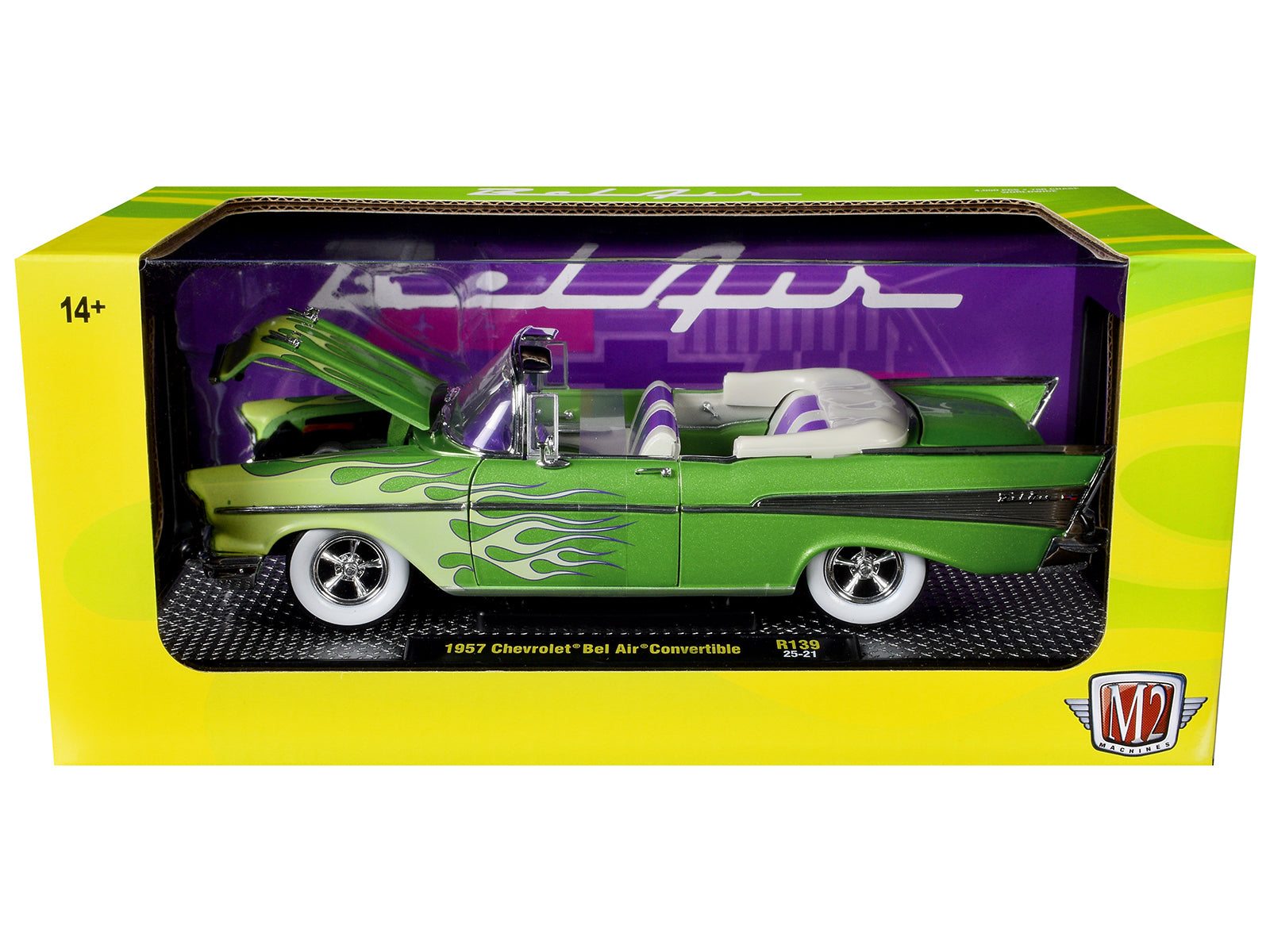 1957 Chevrolet Bel Air Convertible Green Metallic with Flame Graphics and Purple and White Interior Limited Edition to 4050 pieces Worldwide 1/24 Diecast Model Car by M2 Machines - image 3