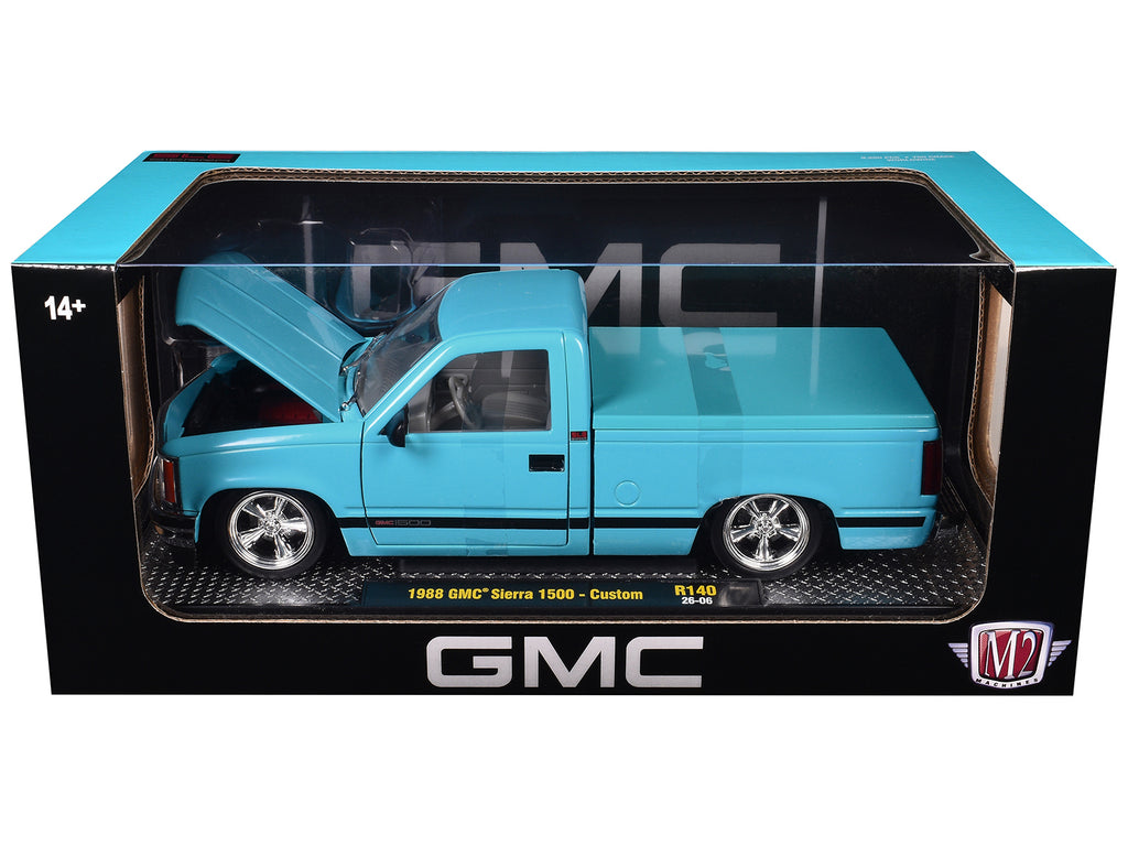 1988 GMC Sierra 1500 Custom Pickup Truck Light Blue with Black Stripes Limited Edition to 9250 pieces Worldwide 1/24 Diecast Model Car by M2 Machines - image 3