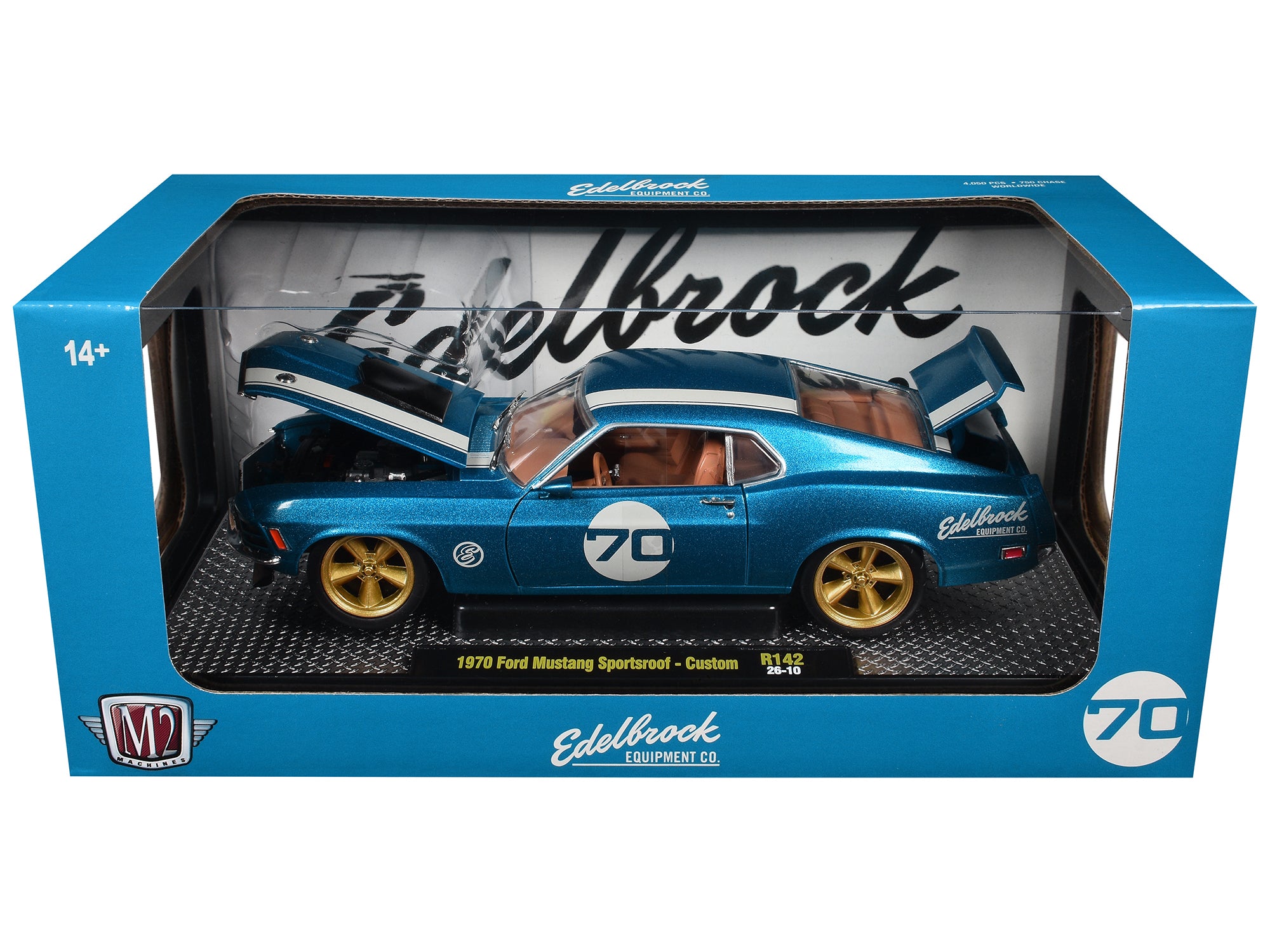 1970 Ford Mustang Sportsroof #70 Blue Metallic with White Stripes Limited Edition to 4050 pieces Worldwide 1/24 Diecast Model Car by M2 Machines - image 3
