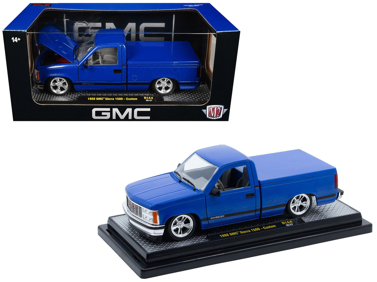 1988 GMC Sierra 1500 Custom Pickup Truck Blue Metallic with Black Stripes Limited Edition to 4850 pieces Worldwide 1/24 Diecast Model Car by M2 Machines