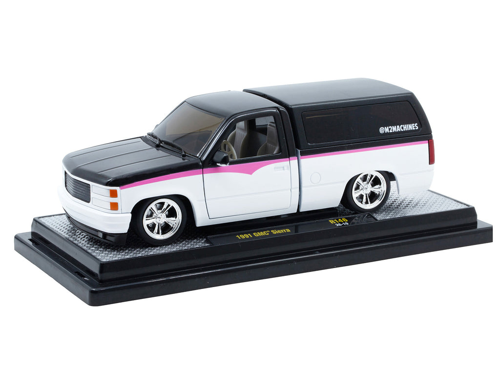 1991 GMC Sierra Pickup Truck with Camper Shell Black and White with Pink Stripes Limited Edition to 4850 pieces Worldwide 1/24 Diecast Model Car by M2 Machines - image 2