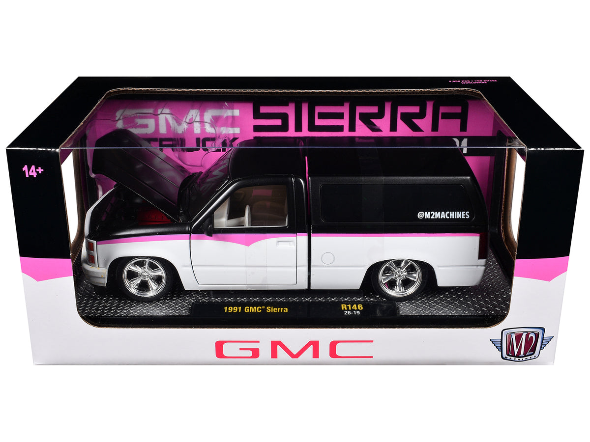 1991 GMC Sierra Pickup Truck with Camper Shell Black and White with Pink Stripes Limited Edition to 4850 pieces Worldwide 1/24 Diecast Model Car by M2 Machines - image 3