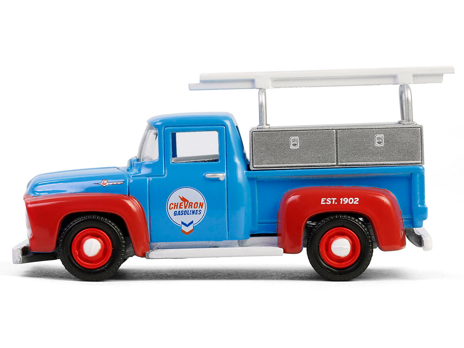 1956 Ford F-100 Pickup Truck with Tool Boxes and Ladders "Chevron" Blue and Red "Chevron Special Edition" Series 1 1/64 Diecast Model Car by Greenlight - image 2