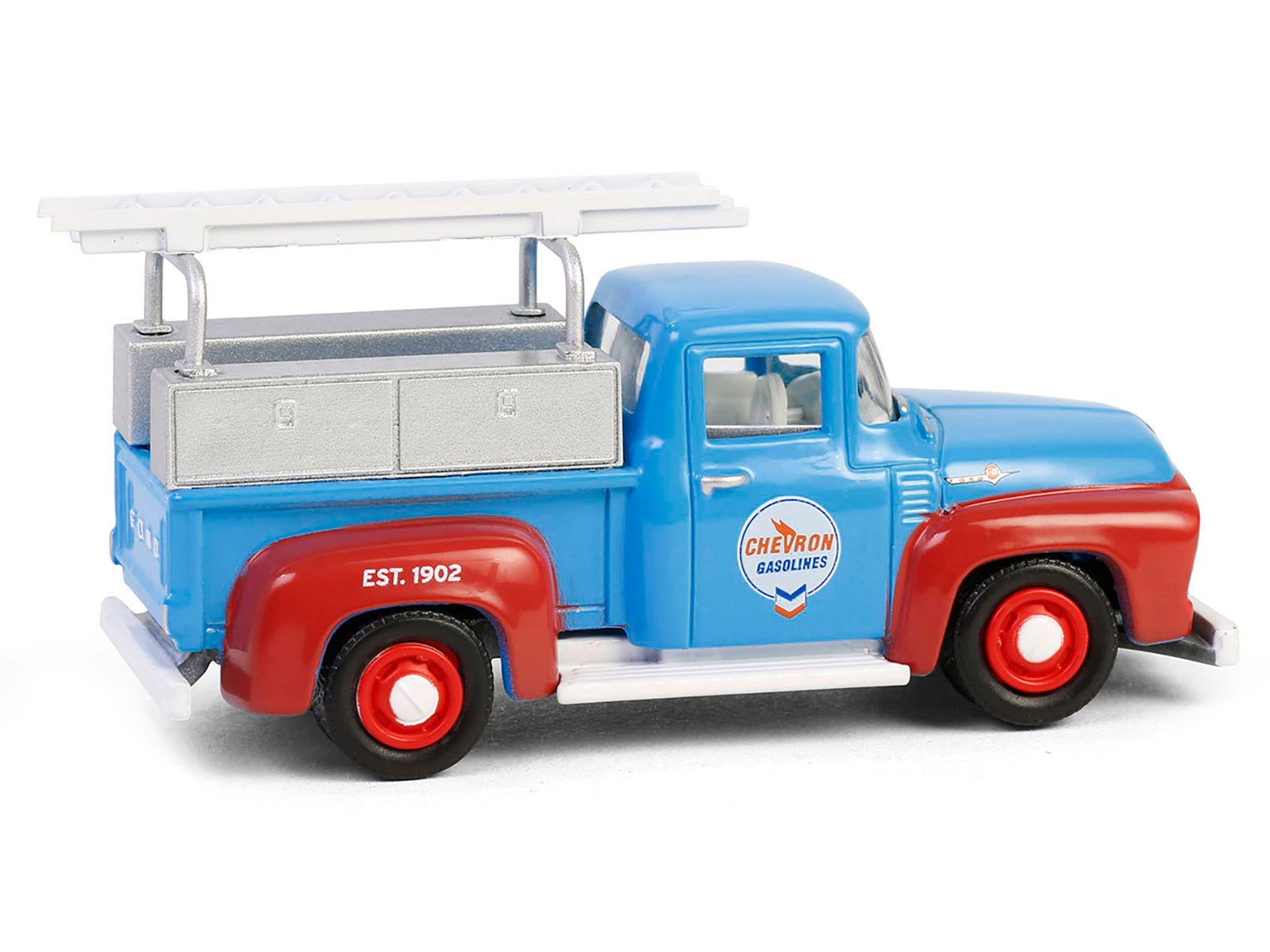 1956 Ford F-100 Pickup Truck with Tool Boxes and Ladders "Chevron" Blue and Red "Chevron Special Edition" Series 1 1/64 Diecast Model Car by Greenlight - image 3