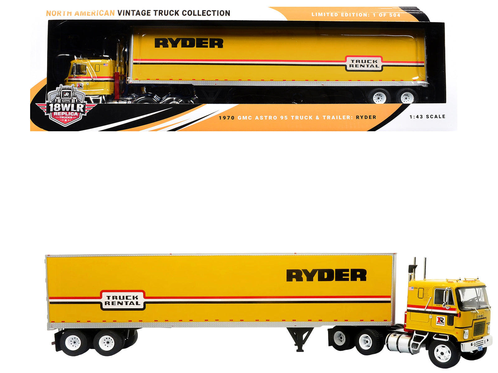 1970 GMC Astro 95 Tractor with Dry Van Trailer "Ryder Truck Rental" Yellow with Stripes "North American Vintage Truck Collection" Limited Edition to 504 pieces Worldwide 1/43 Diecast Model by Iconic Replicas