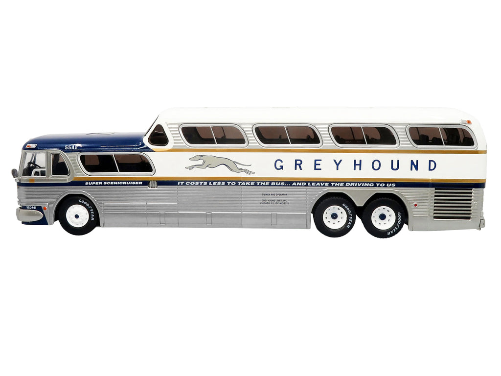 GM PD-4501 Scenicruiser Coach Bus "Greyhound Bus Lines - 50th Anniversary" Raw Metal with Blue and White Top and Gold Stripes "The Bus & Motorcoach Collection" 1/43 Plastic Model by Iconic Replicas - image 2