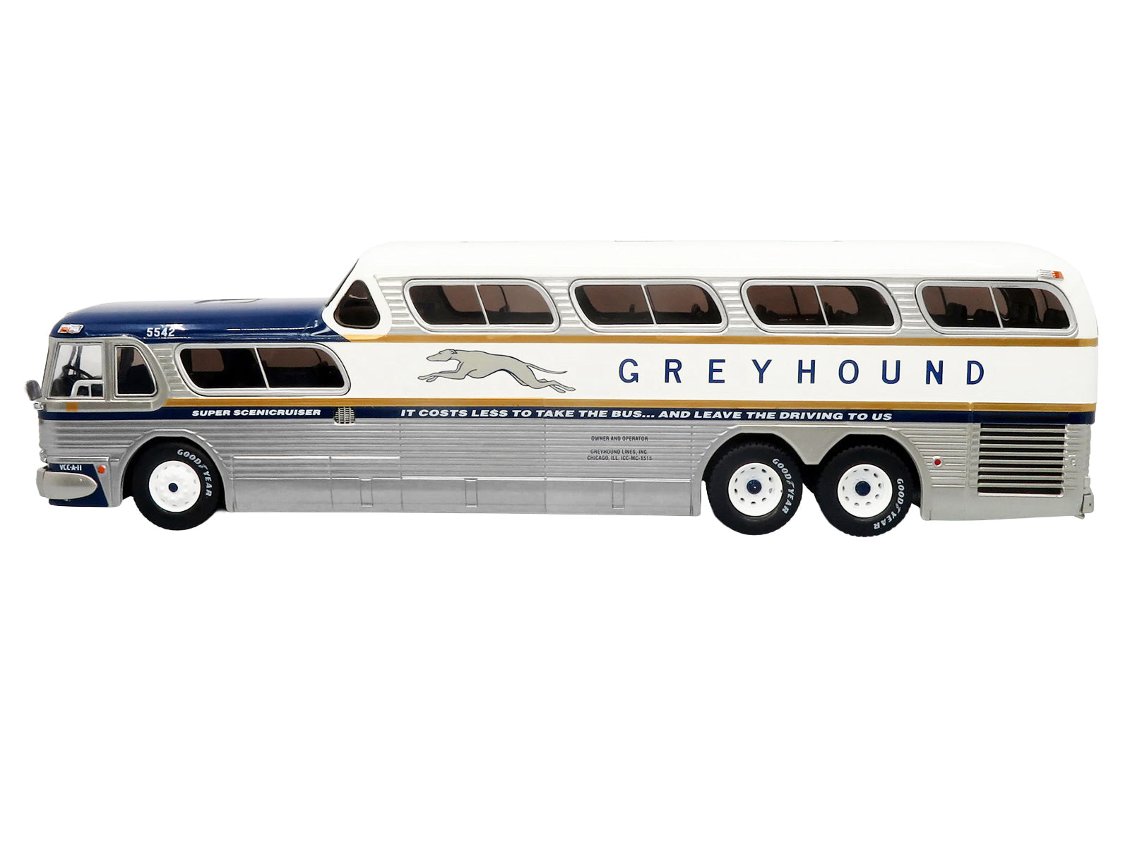 GM PD-4501 Scenicruiser Coach Bus "Greyhound Bus Lines - 50th Anniversary" Raw Metal with Blue and White Top and Gold Stripes "The Bus & Motorcoach Collection" 1/43 Plastic Model by Iconic Replicas - image 2
