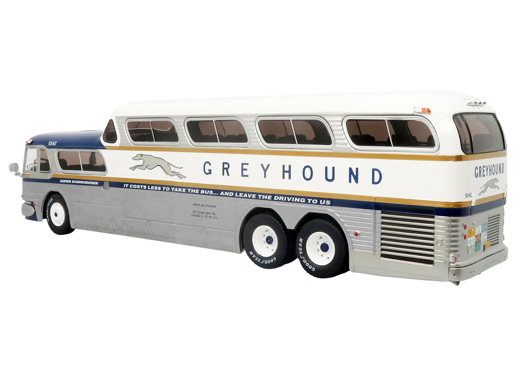 GM PD-4501 Scenicruiser Coach Bus "Greyhound Bus Lines - 50th Anniversary" Raw Metal with Blue and White Top and Gold Stripes "The Bus & Motorcoach Collection" 1/43 Plastic Model by Iconic Replicas - image 3