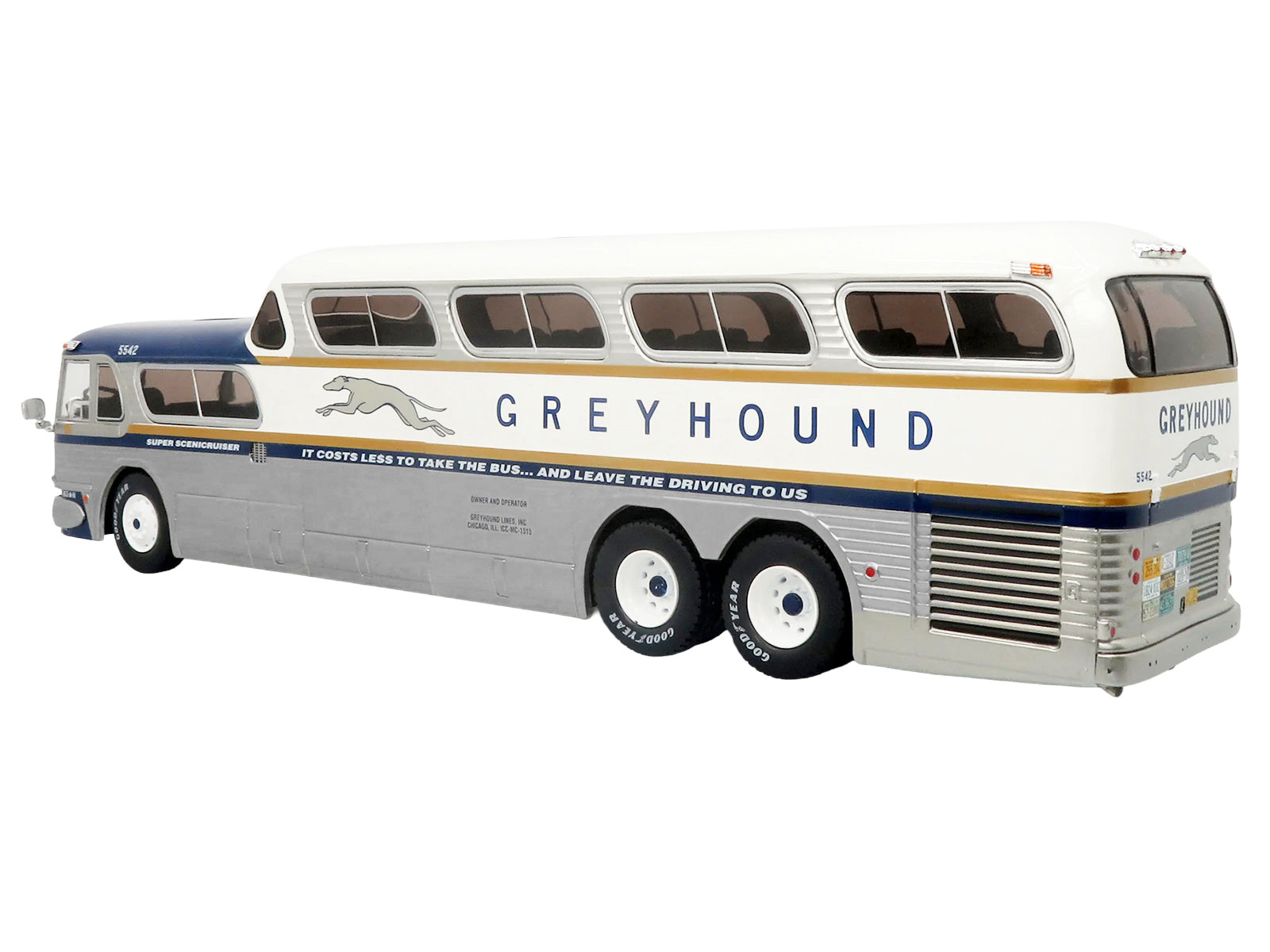 GM PD-4501 Scenicruiser Coach Bus "Greyhound Bus Lines - 50th Anniversary" Raw Metal with Blue and White Top and Gold Stripes "The Bus & Motorcoach Collection" 1/43 Plastic Model by Iconic Replicas - image 3