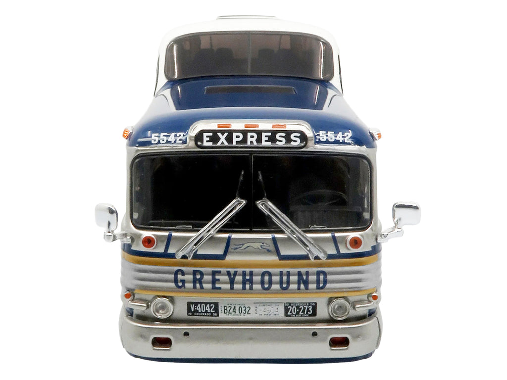 GM PD-4501 Scenicruiser Coach Bus "Greyhound Bus Lines - 50th Anniversary" Raw Metal with Blue and White Top and Gold Stripes "The Bus & Motorcoach Collection" 1/43 Plastic Model by Iconic Replicas - image 4