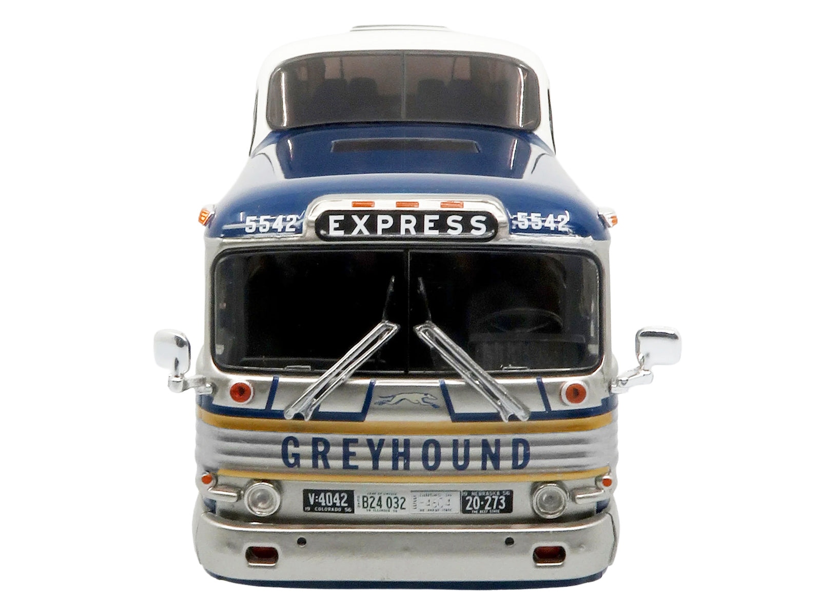 GM PD-4501 Scenicruiser Coach Bus "Greyhound Bus Lines - 50th Anniversary" Raw Metal with Blue and White Top and Gold Stripes "The Bus & Motorcoach Collection" 1/43 Plastic Model by Iconic Replicas - image 4
