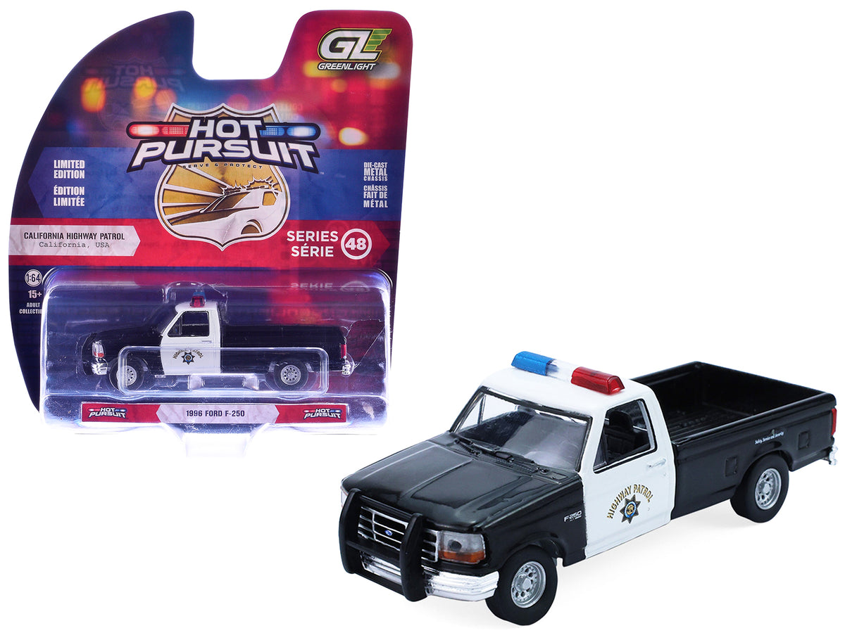 1996 Ford F-250 Pickup Truck "California Highway Patrol" Black and White "Hot Pursuit" Series 48 1/64 Diecast Model Car by Greenlight