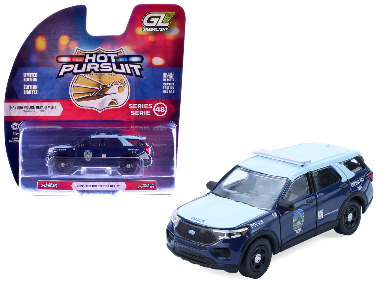 2022 Ford Police Interceptor Utility "Nashua Police Department Nashua New Hampshire" Blue Two-Tone "Hot Pursuit" Series 48 1/64 Diecast Model Car by Greenlight